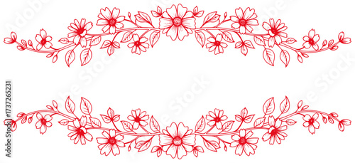 Elegant floral divider design, red outlined flowers and leaves, perfect for invitations or website headers