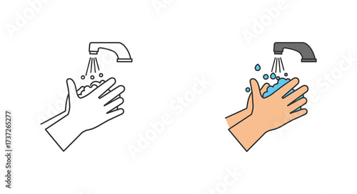 Illustrations showing proper handwashing technique with water and soap