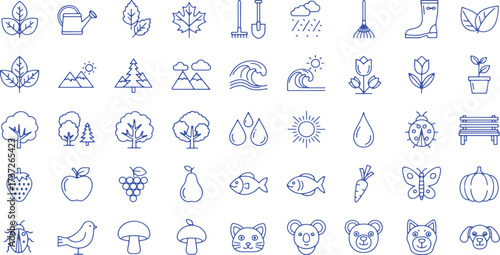 Collection of Blue Outline Nature and Season Icons 100128 vector