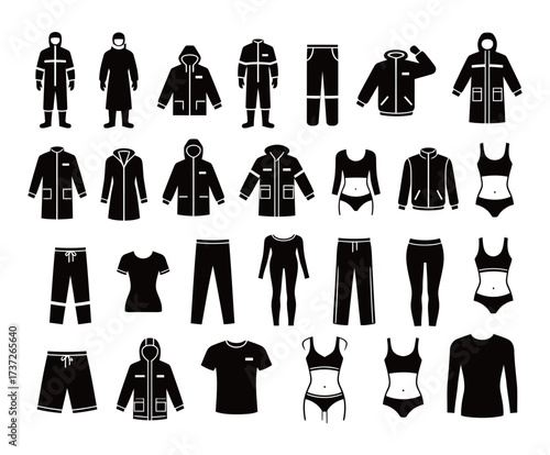 Protective and Sportswear Silhouette Icons Set. Raincoat, Winter Jacket, Trousers, Swimsuit, and Activewear Graphics.