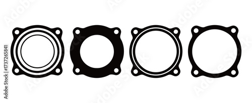 Circular and Oval Gasket Flange Seals Silhouette Icons Set. Engineering, Automotive, and Plumbing Components Graphics.