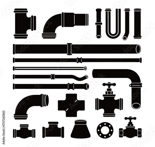Plumbing and Pipe Connections Silhouette Icons Set. Water Supply, Fittings, Elbows, Valves, and Flanges Graphics.