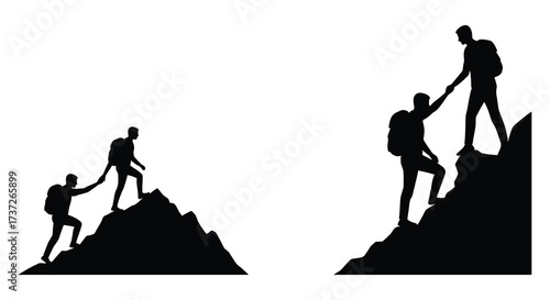 Silhouettes of people helping each other climb a rocky mountain