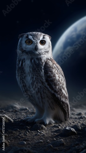 Vigilant owl perched on lunar surface with Earth in background