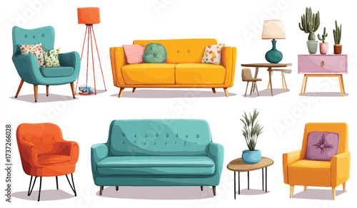 Colorful Cartoon Furniture Set with Armchairs Sofas Tables Lamps and Plants for Interior Design Ideas