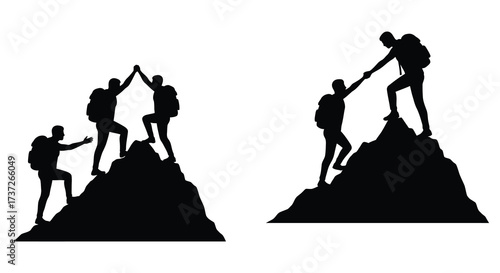 Silhouettes of people helping each other climb steep mountain peaks