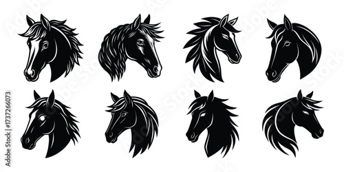 Vector art of group of eight black horse head illustrations, some in profile and some facing forward