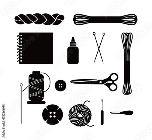 Crafts and DIY Supplies Silhouette Icons Set. Yarn, Thread, Needles, Scissors, Glue, and Buttons Graphics.