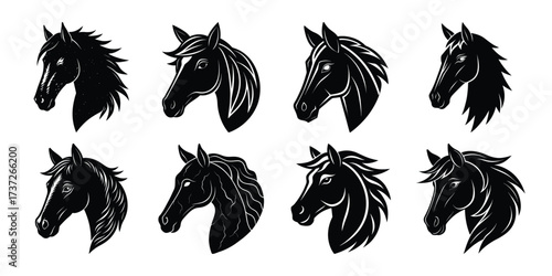 Vector art of collection of eight black horse head silhouettes with detailed manes and varied expressions
