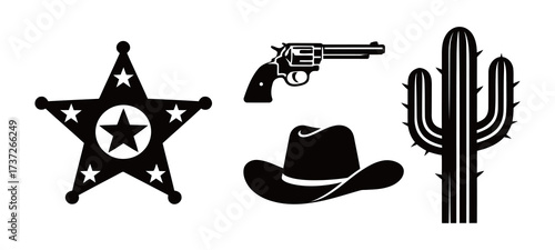 Wild West and Cowboy Culture Silhouette Icons. Sheriff Star Badge, Revolver, Hat, and Cactus Graphics.