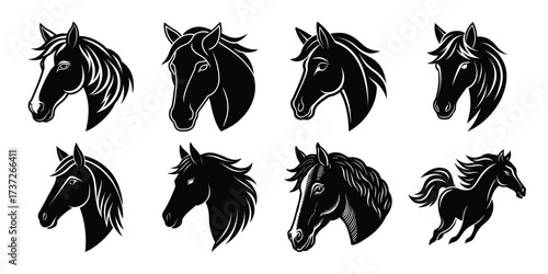 Vector art of collection of eight black horse head illustrations, some in profile and some facing forward
