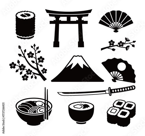 Japanese Culture and Travel Symbols Silhouette Icons. Torii Gate, Sushi, Ramen, Fan, Mount Fuji, and Katana Graphics.