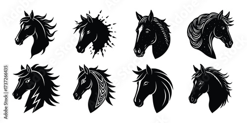 Vector art of group of eight artistic horse head drawings in black and white, showcasing diverse mane styles