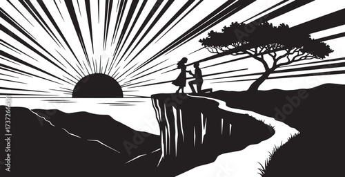 Couple silhouetted proposing at cliff edge during sunrise proposal engagement