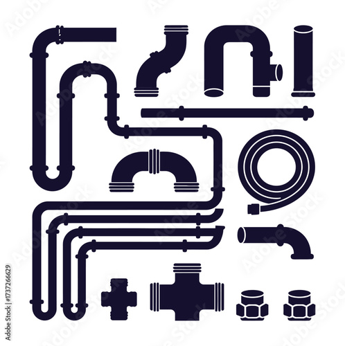 Flexible and Rigid Pipeline and Fitting Silhouette Icons Set. Industrial, Plumbing, and Engineering Components Graphics.