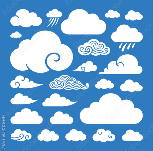Decorative and Weather Cloud Silhouette Icons Set. Sky, Rain, Wind, and Traditional Asian Style Graphics.