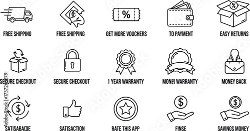 Ecommerce Online Shop Guarantees Line Icons Set with Free Shipping and Easy Returns