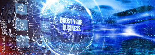 Business, Technology, Internet and network concept. Young businessman shows the word: Boost your business. 3d illustration