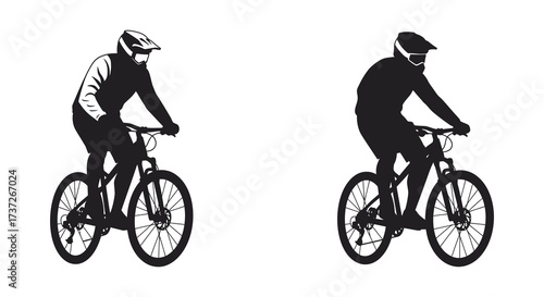 Two silhouette bikers riding mountain bikes a dynamic outdoor scene