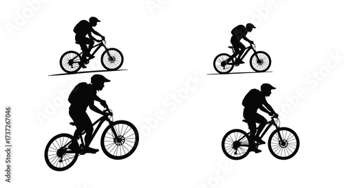 Silhouettes of mountain bikers riding bikes in a minimalist style