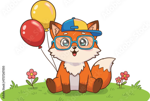 Cute cartoon fox wearing cap and glasses, adorable woodland animal character, balloons, flowers, kids illustration, playful artwork, fantasy drawing