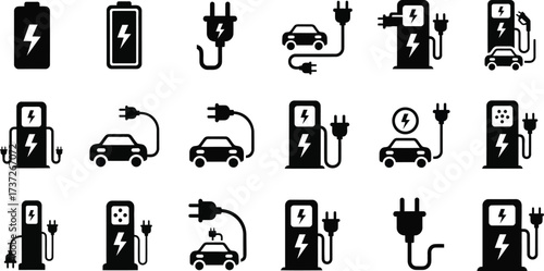 Electric Vehicle Black Icon Set Battery, Plug, Charging Station, Car, Energy Power