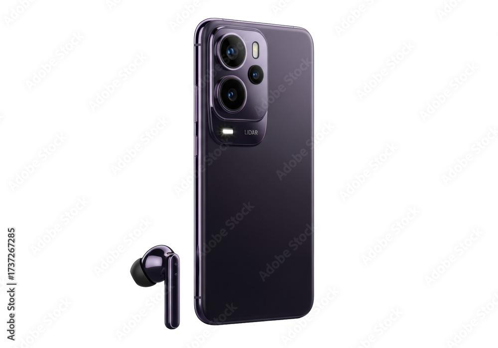 Fototapeta premium Dark purple, high-end modern smartphone with triple-lens camera, LiDAR, and wireless earbud, isolated on a solid transparent background. Concept of technological elegance.