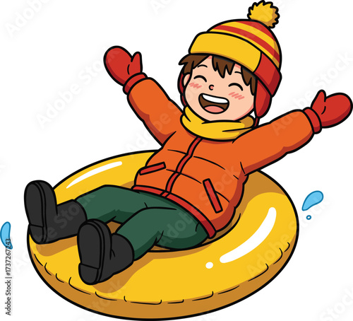 Happy child sliding on snow tube, winter fun activity, kid wearing hat gloves jacket, cartoon illustration, holiday season artwork, outdoor play