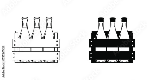 Black and white illustration of beer bottles in wooden carriers