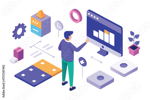 Isometric man interacting with digital data and technology elements person computer