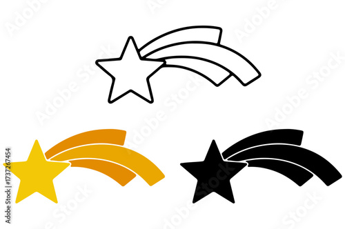 Shooting star icon set. Editable vector illustration of stylized stars with motion trails in outline, color, and silhouette styles. EPS decorative concept pack