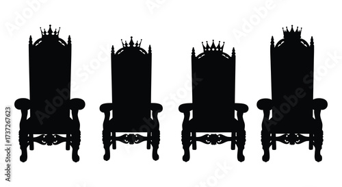 Four ornate thrones depicted in black silhouettes against a white background