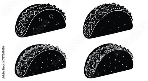 Four black and white illustrations of delicious tacos simple graphic design