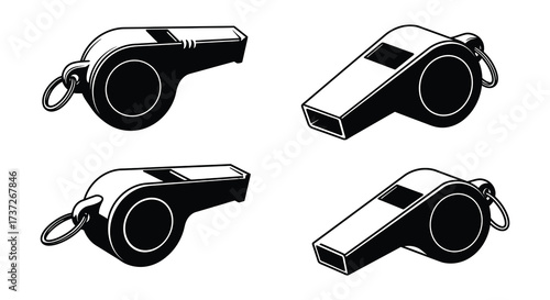 Four black and white illustrations of sports whistles with lanyards displayed