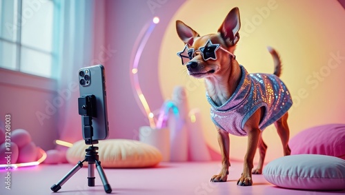 Playful Chihuahua Photoshoot With Star Sunglasses And Sequin Top In Glamorous Setting