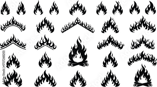Fire Flames Collection Vector, Bonfire, Torch Elements, Isolated on White