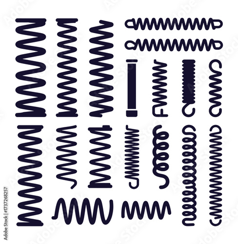 Variety of Metal Springs Icons Set: Coil, Compression, and Suspension Elements for Mechanical Engineering