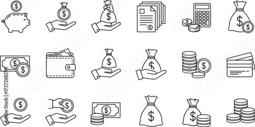Financial Icons Set Outline Style with Piggy Bank and Wallet on Transparent Background