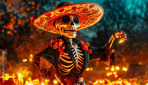 Skeleton in sombrero, night Day of the Dead