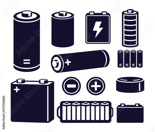 Assortment of Batteries, Accumulators, and Power Source Icons Set for Electricity and Energy