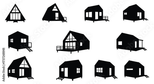 Simple black and white silhouettes of various cabin and house designs