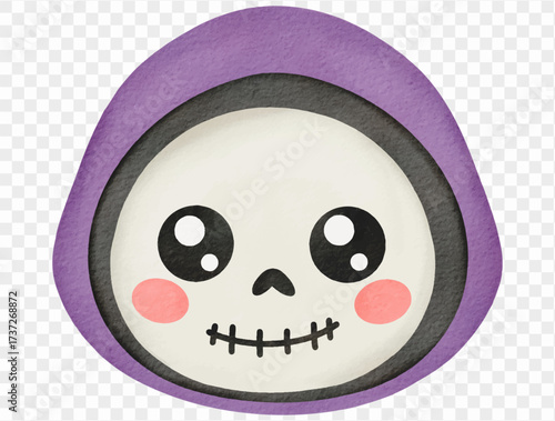 Cute grim reaper Halloween kawaii spooky cartoon watercolor illustration Vector.