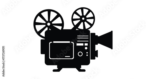 A simple black and white illustration of a vintage film camera