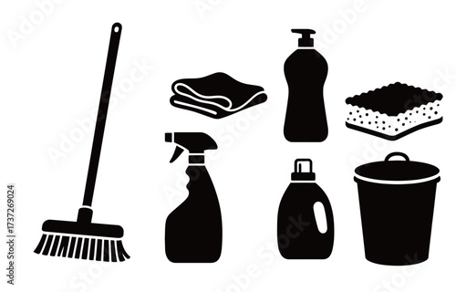 Cleaning Supplies and Equipment Icons Set: Broom, Spray, Sponge, and Trash Can Silhouettes