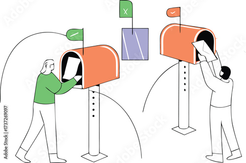 People interacting with mailboxes and letters in a stylized illustration post delivery