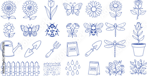 Hand Drawn Garden And Nature Elements Collection With Soil sunflower tulip