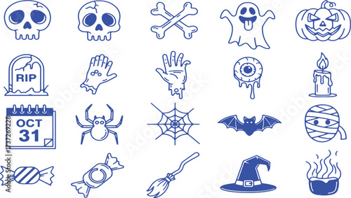 Halloween Icons With Skull Pumpkin Spider Bat And Candle bones crossbones