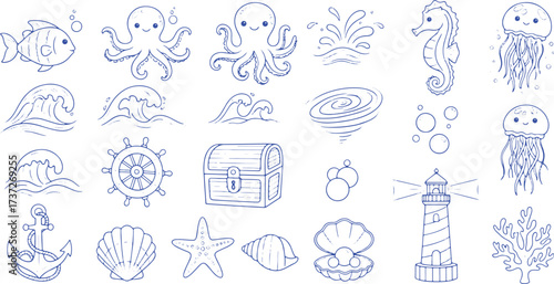 Hand Drawn Ocean Life And Nautical Elements Collection fish octopus