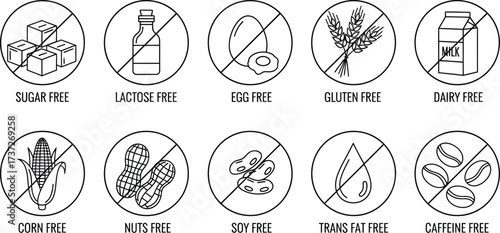 Food Restriction Linear Icon Set, Sugar, Lactose, Egg, Gluten, Dairy, Corn, Nuts, Soy