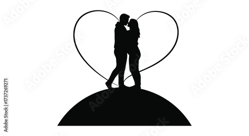 Silhouetted couple embracing within a heart shape against a white background